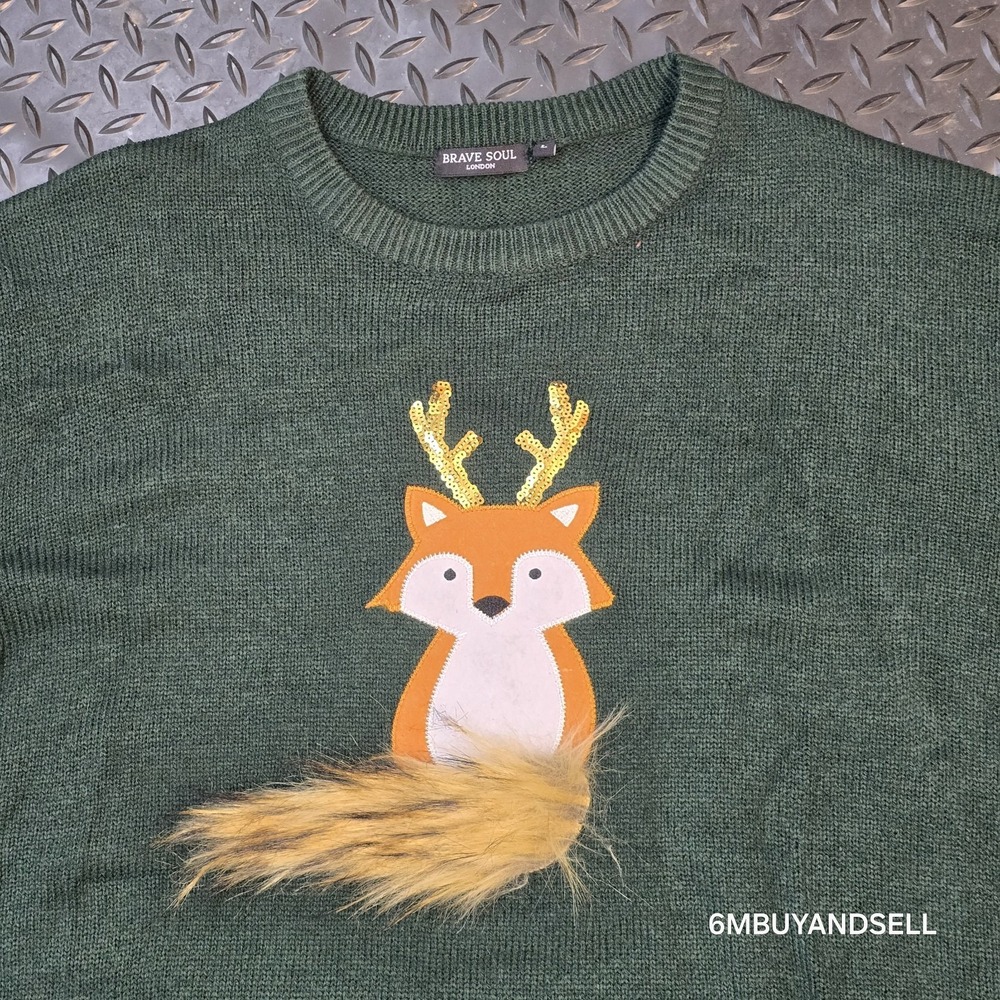 Brave Soul London Green Fox Applique Faux Fur Sweater‎ Dress Womens L - Picture 2 of 9